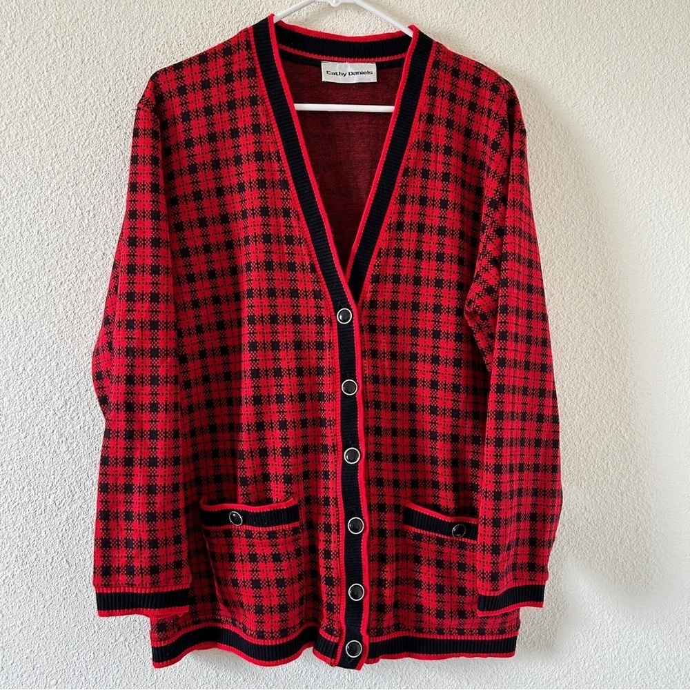 Cathy Daniels Cardigan Large Plaid Red Black Preppy Academia Granny Coastal